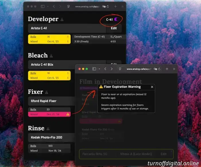 Warnhinweise zum Ablaufdatum von Filmentwicklungschemikalien.